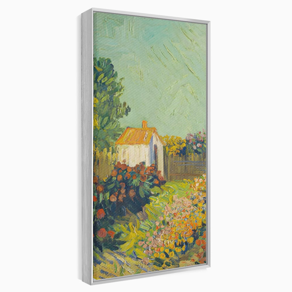 Tablou canvas cu pictura cu o casuta in gradina, in rama de aluminiu argintiu